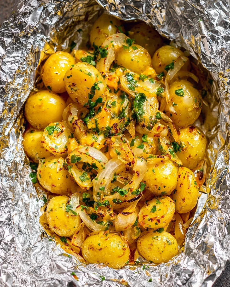 Delicious cheesy campfire potatoes cooking over a campfire