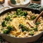 Cheesy chicken risotto with broccoli served in a bowl.