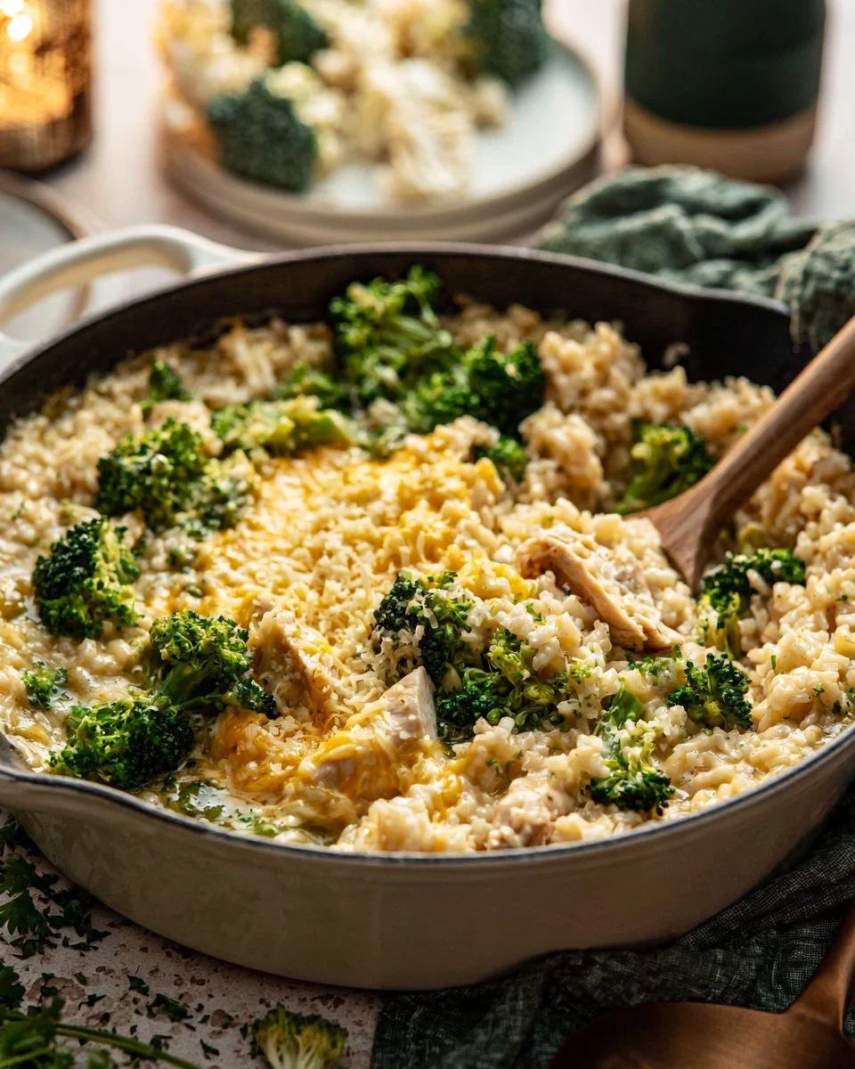 Cheesy chicken risotto with broccoli served in a bowl.