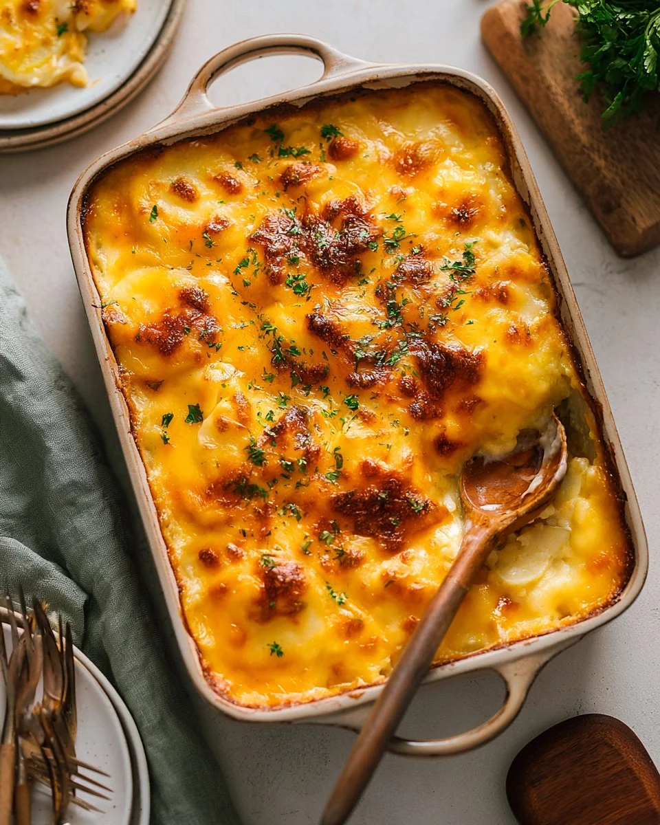 Cheesy scalloped potatoes baked with layers of cheese and creamy sauce