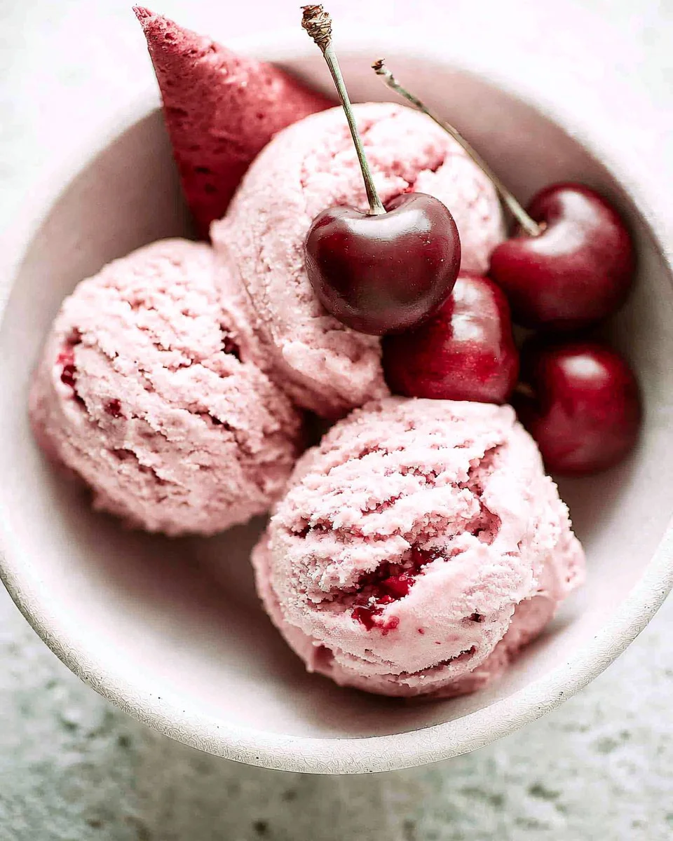 Delicious cherry ice cream topped with fresh cherries in a bowl