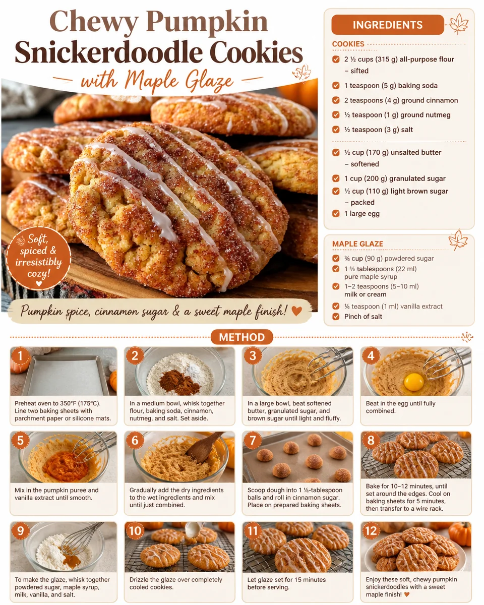 Chewy pumpkin snickerdoodle cookies drizzled with maple glaze on a baking sheet.