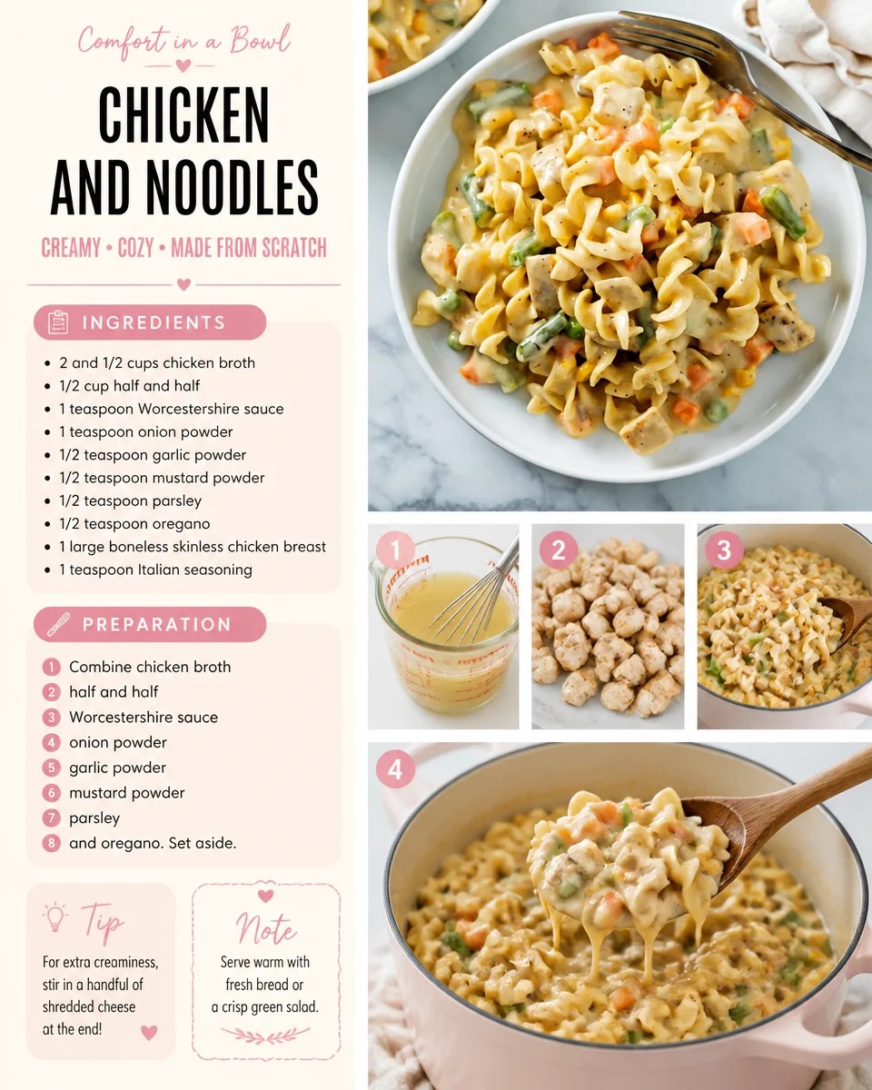 A bowl of homemade Chicken and Noodles with fresh herbs and vegetables.