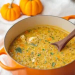 A bowl of chicken and pumpkin soup garnished with herbs and spices.