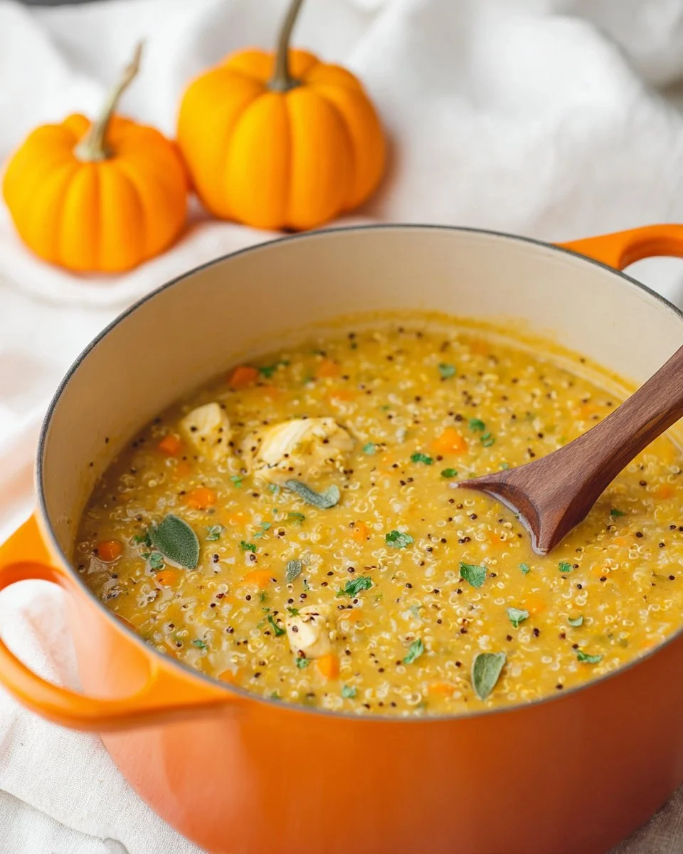 A bowl of chicken and pumpkin soup garnished with herbs and spices.