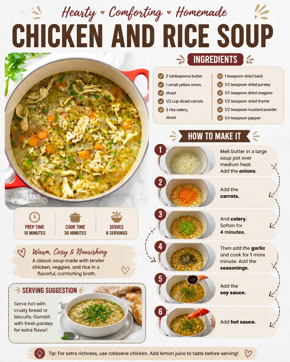 Bowl of homemade chicken rice soup with fresh herbs and vegetables.