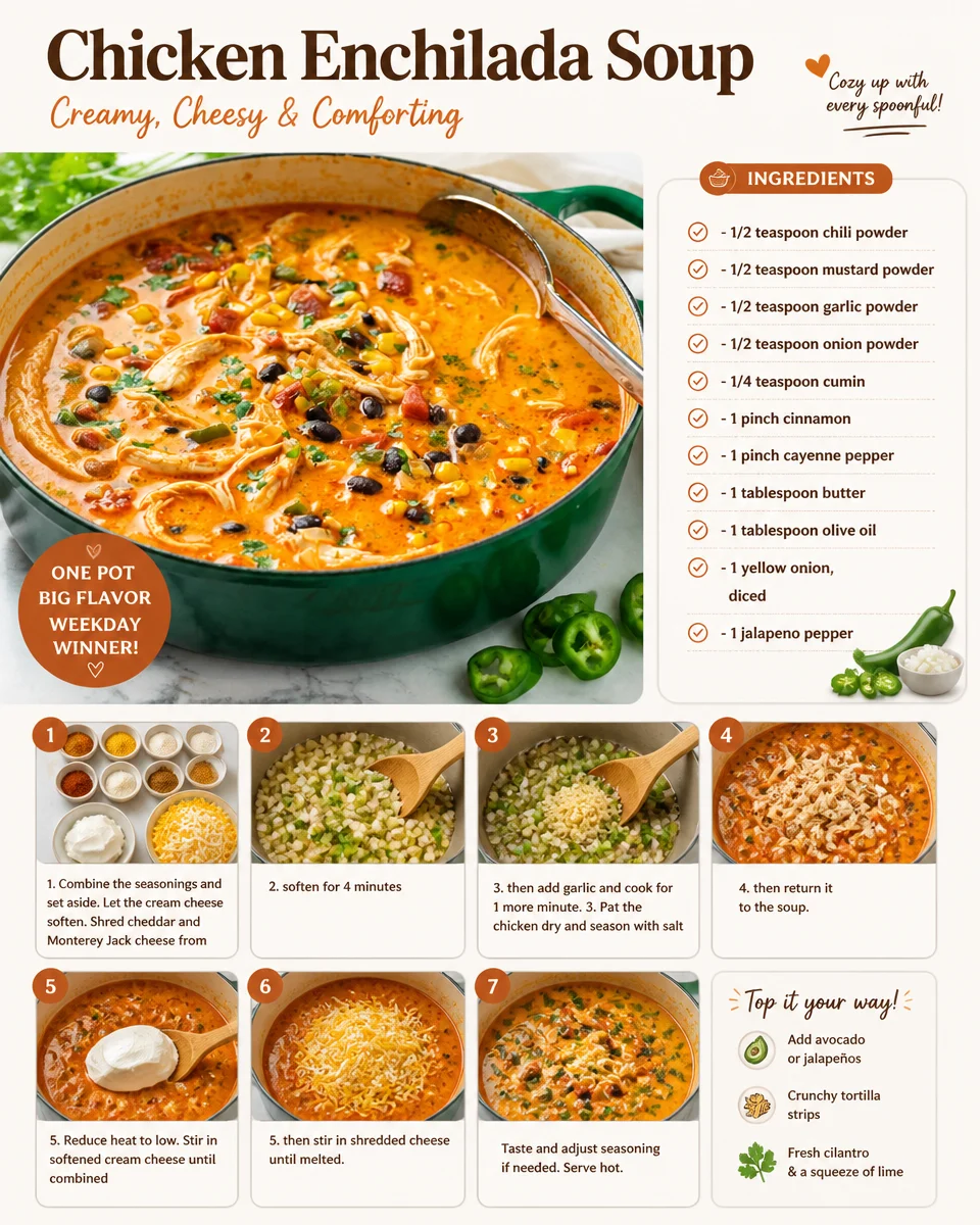 Bowl of delicious Chicken Enchilada Soup topped with cheese and cilantro