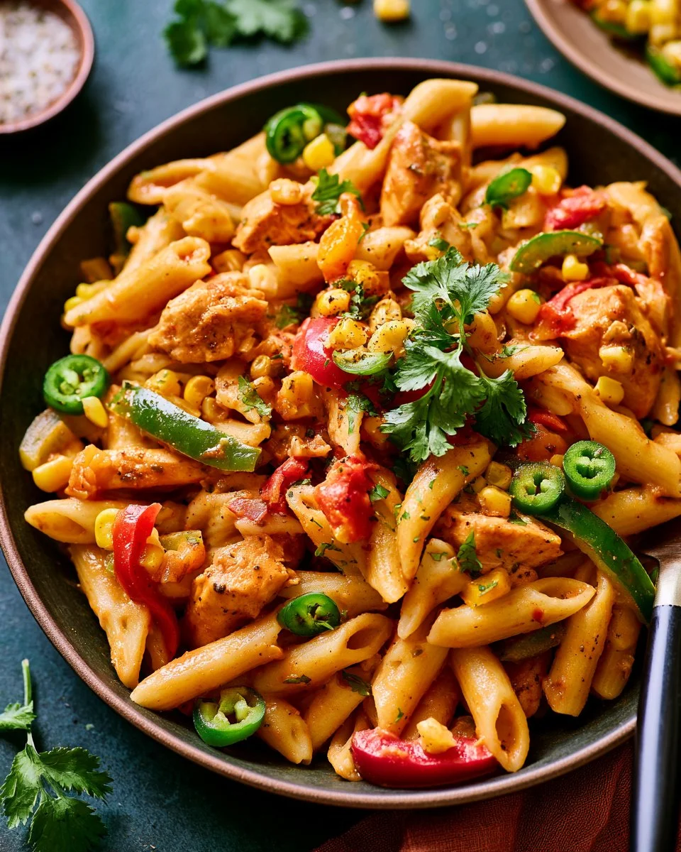 One pot Chicken Fajita Pasta served in a bowl with colorful peppers and herbs.