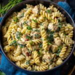 Creamy Chicken Florentine Pasta with spinach and chicken pieces in a bowl