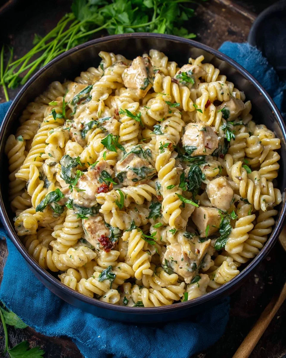 Creamy Chicken Florentine Pasta with spinach and chicken pieces in a bowl