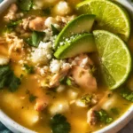 Bowl of Chicken Hominy Soup with fresh ingredients and herbs