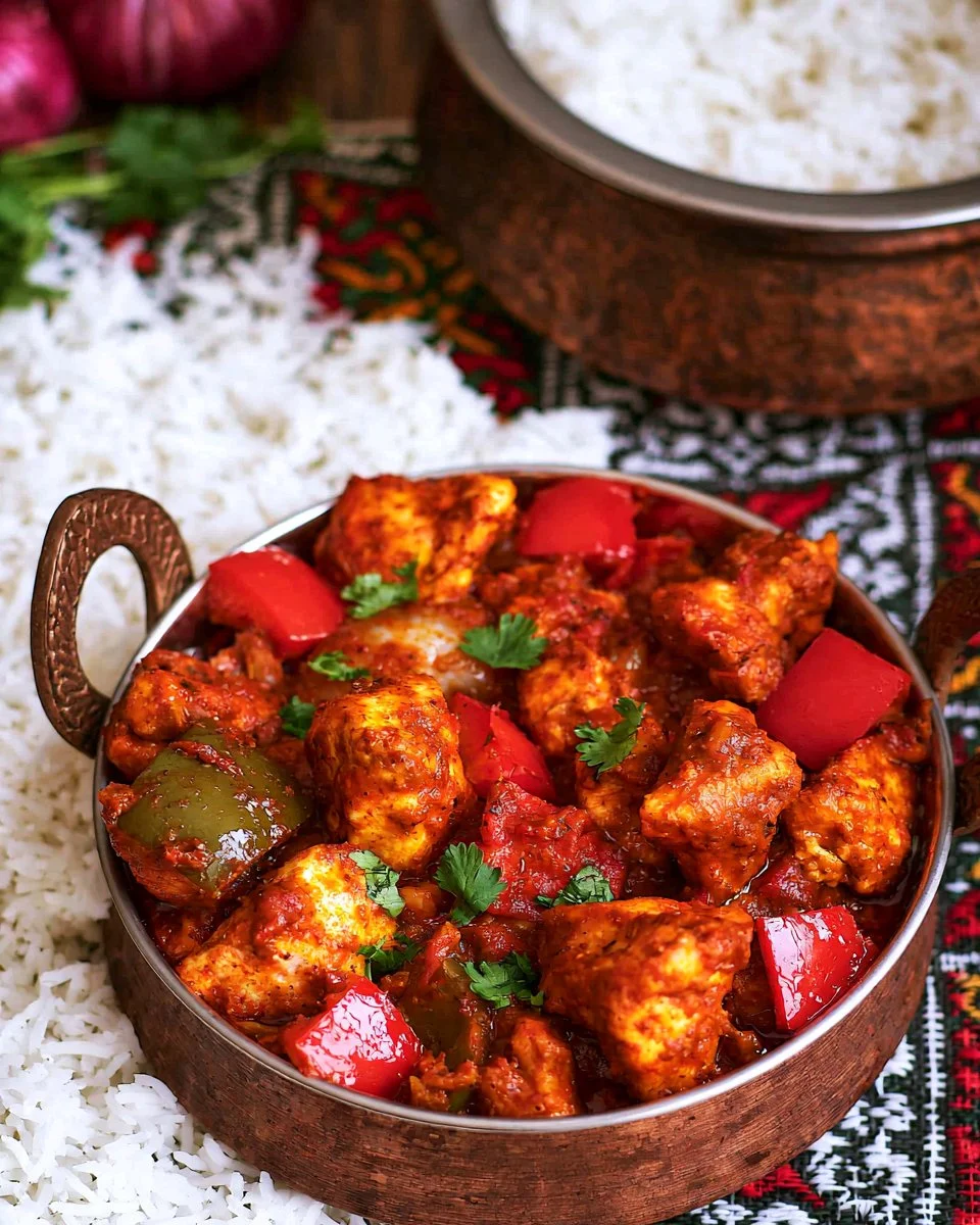 Plate of Chicken Jalfrezi garnished with fresh herbs and served with rice