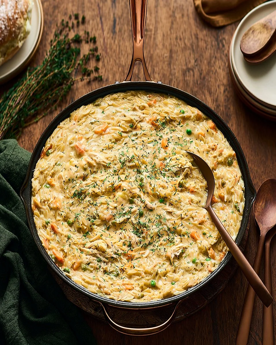 Delicious Chicken Pot Pie Orzo in a serving dish