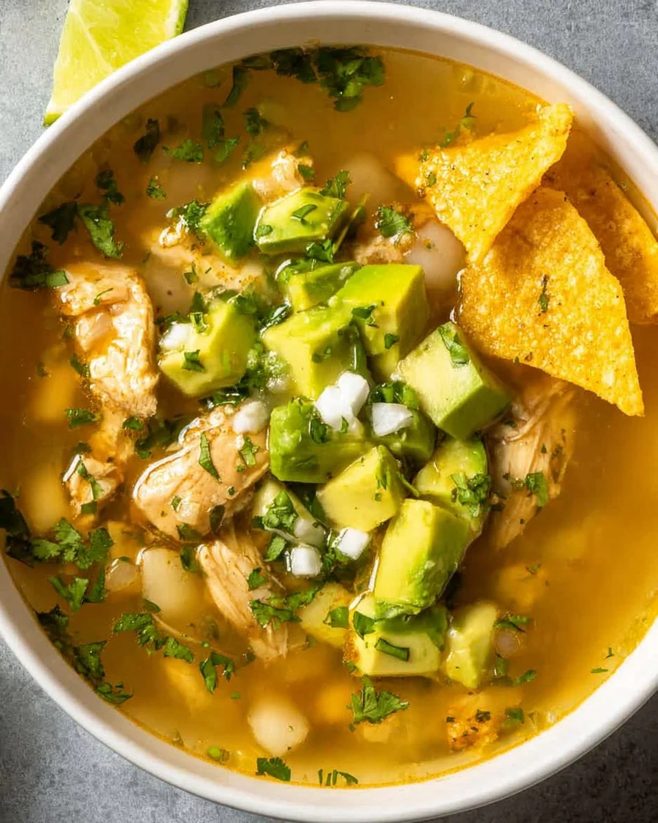 Bowl of Chicken Pozole Soup garnished with lime, radishes, and cilantro