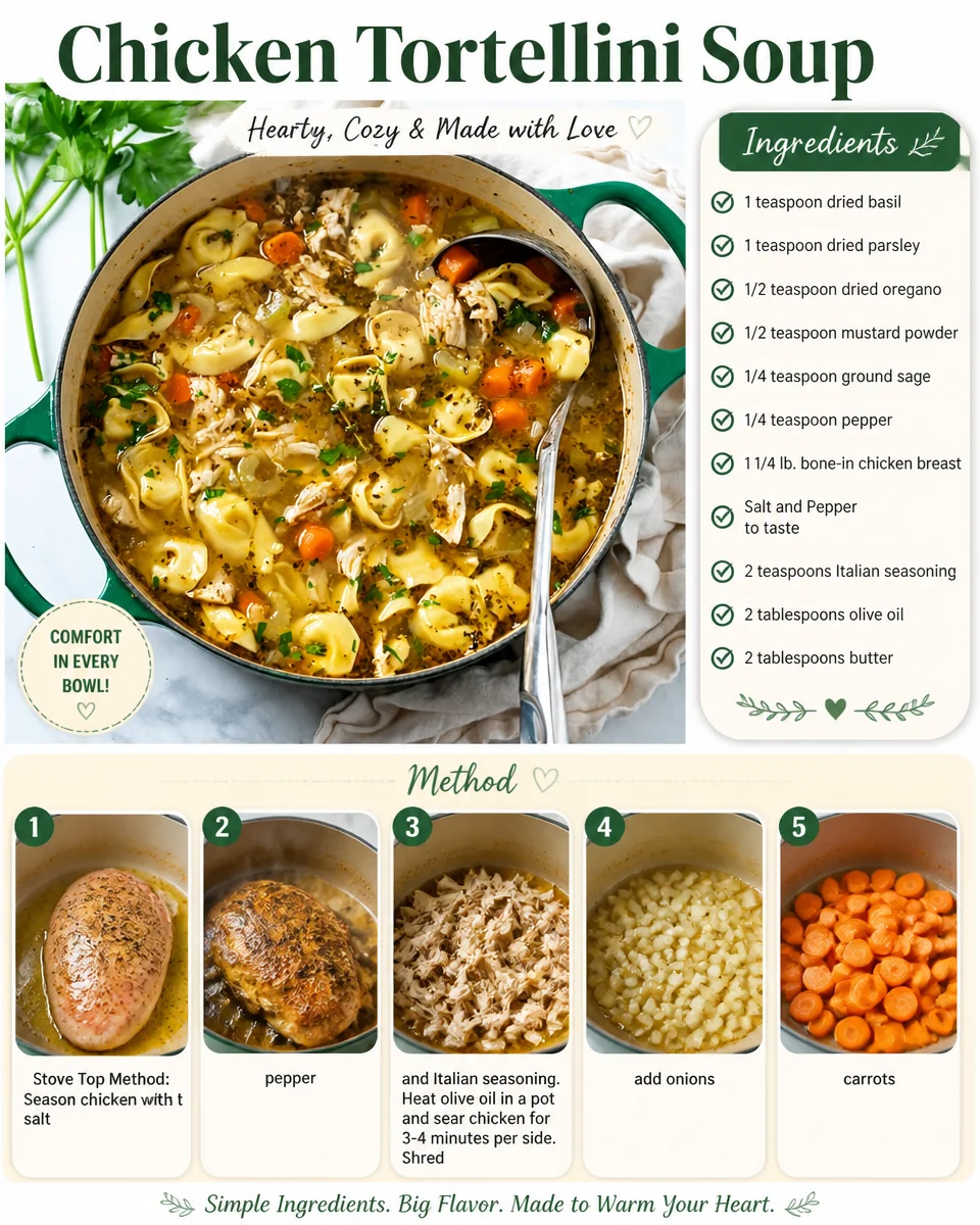 Bowl of Chicken Tortellini Soup with herbs and a slice of bread