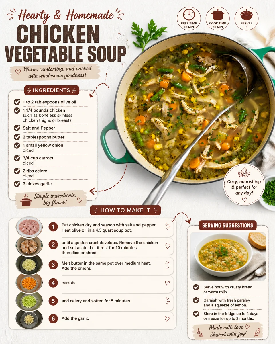 Bowl of homemade Chicken Vegetable Soup filled with fresh vegetables and tender chicken.