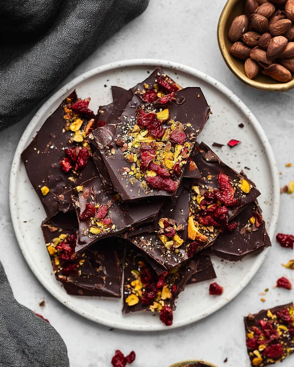 Delicious homemade chocolate bark with nuts and dried fruits