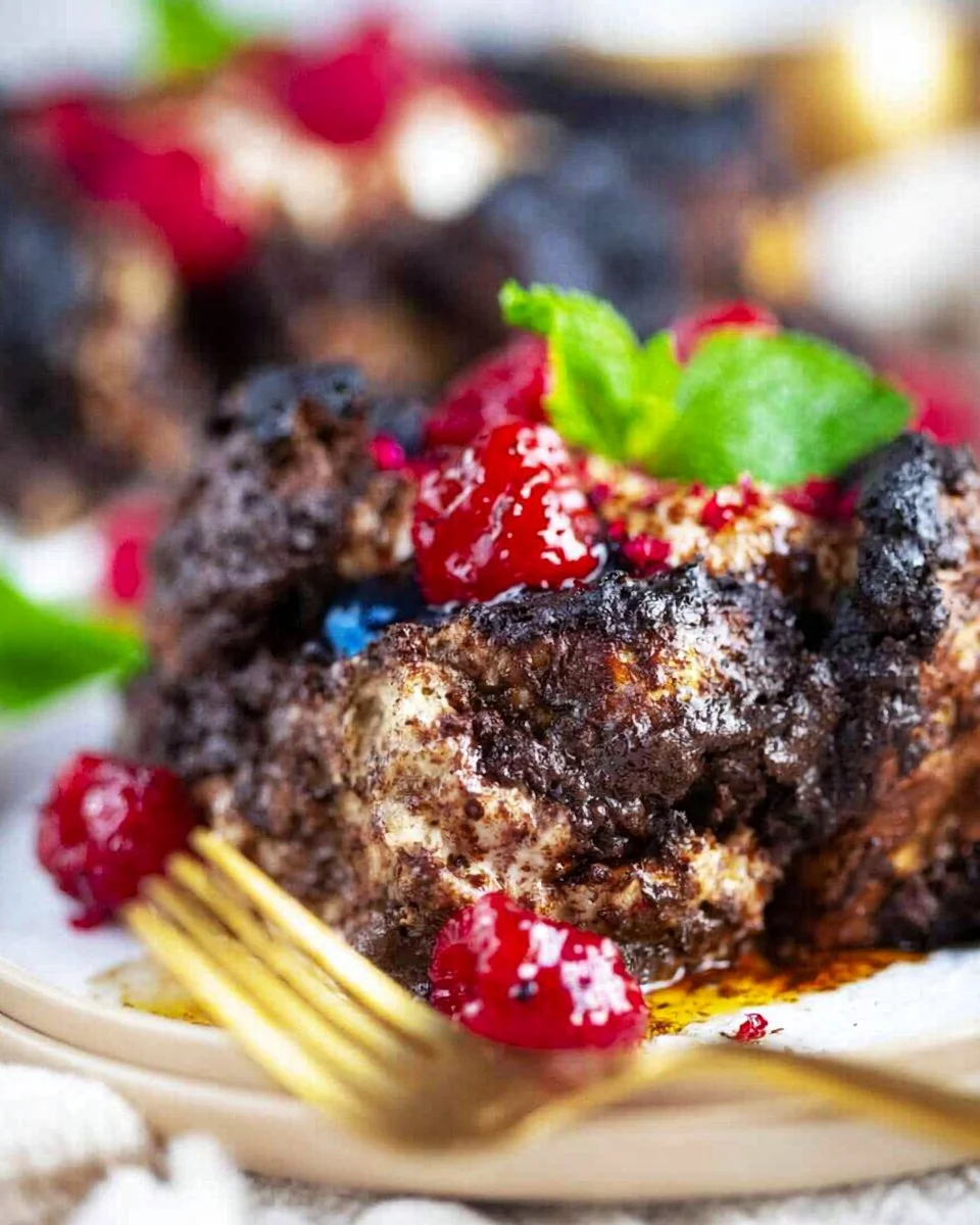 Delicious Chocolate French Toast Casserole served on a plate with berries