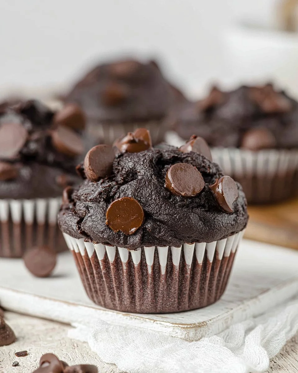 Delicious Chocolate Pumpkin Muffins on a plate with a rich chocolate glaze.