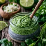 Delicious cilantro sauce drizzled over a colorful dish.