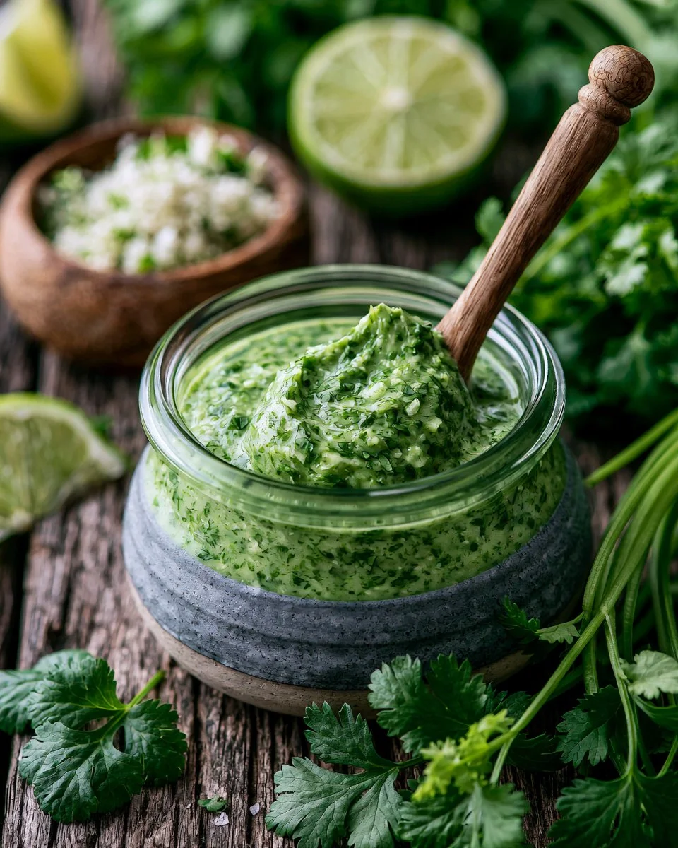 Delicious cilantro sauce drizzled over a colorful dish.