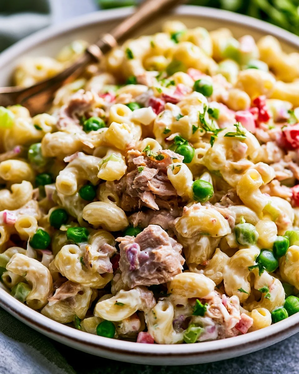 Bowl of Classic Tuna Macaroni Salad with vegetables and dressing