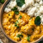 Coconut Mango Chicken Curry served in a bowl with fresh mango slices and herbs