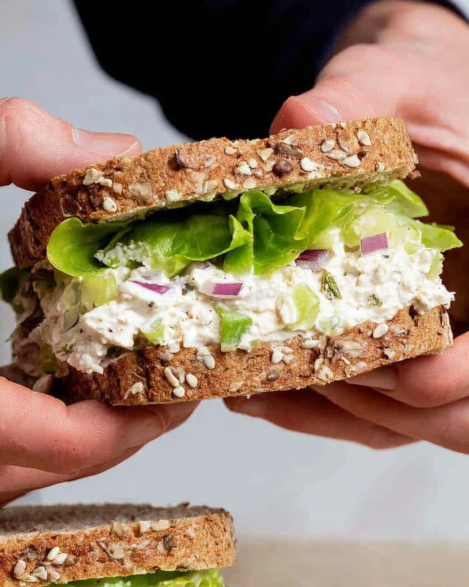 Delicious cottage cheese chicken salad in a bowl garnished with herbs.