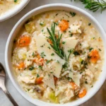 Bowl of creamy chicken and rice soup garnished with herbs.
