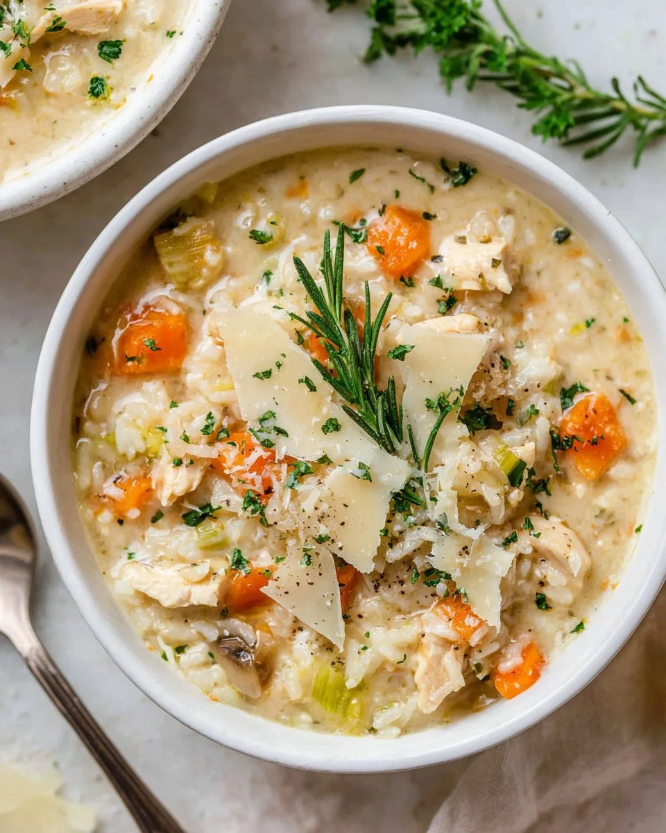 Bowl of creamy chicken and rice soup garnished with herbs.