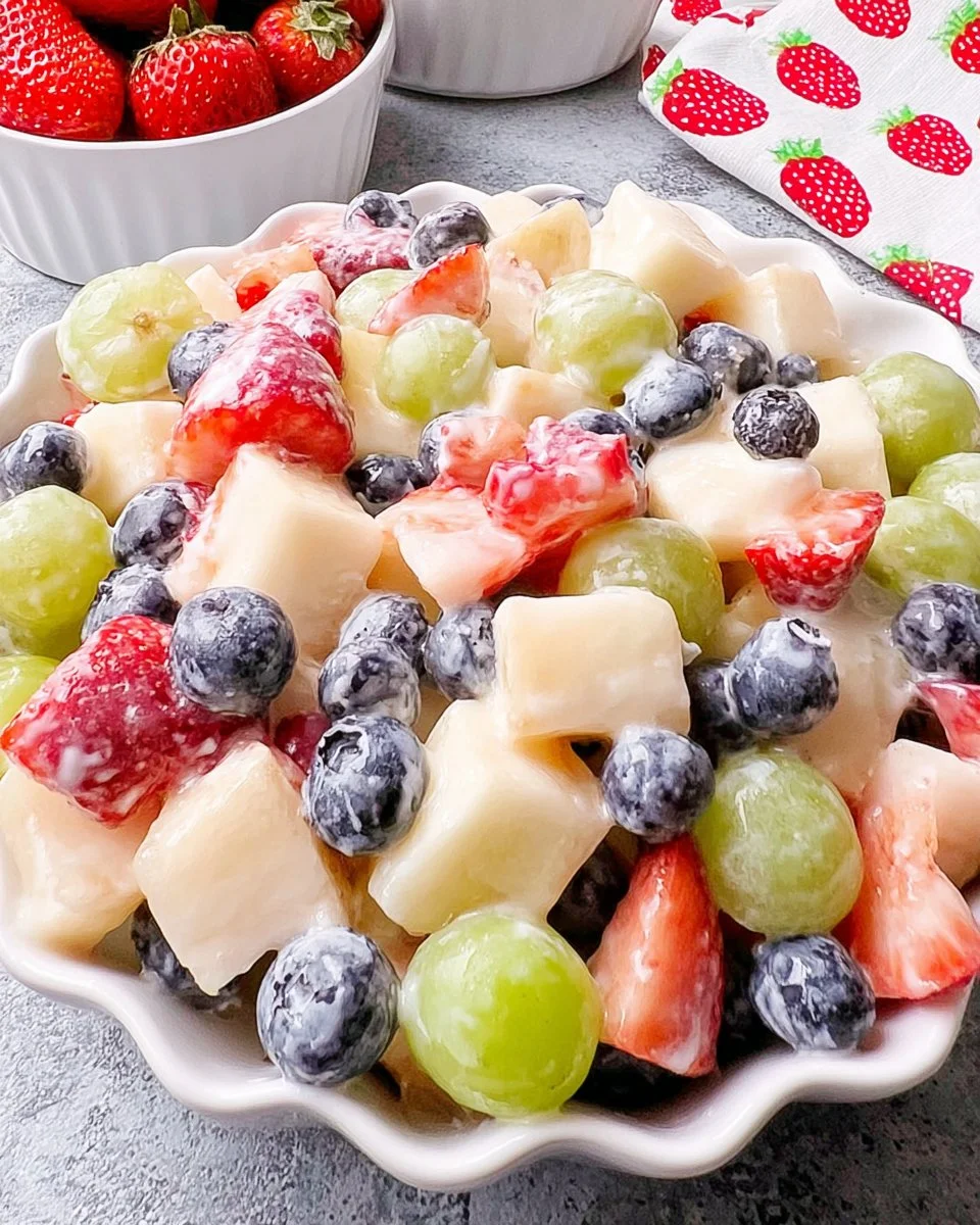 Creamy fruit salad with assorted fresh fruits in a bowl