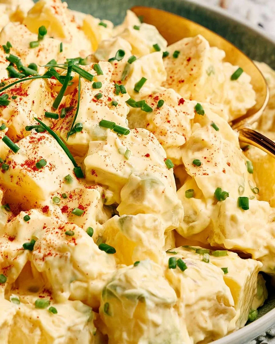 Creamy potato salad with fresh herbs and spices in a serving bowl