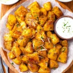 Crispy garlic roasted potatoes garnished with fresh herbs