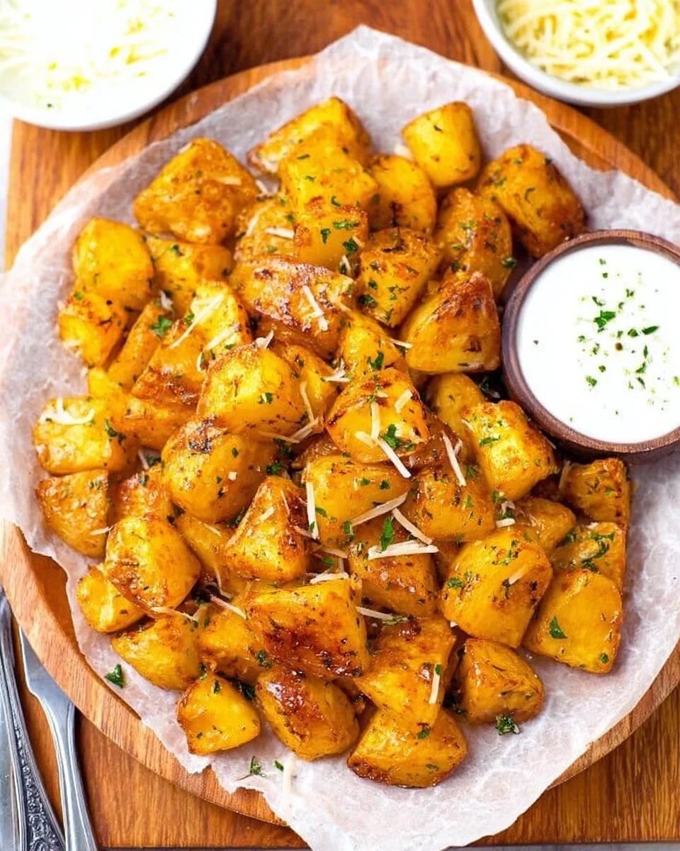 Crispy garlic roasted potatoes garnished with fresh herbs
