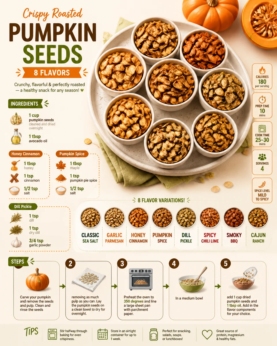 Crispy roasted pumpkin seeds in various flavors, perfect for snacking.