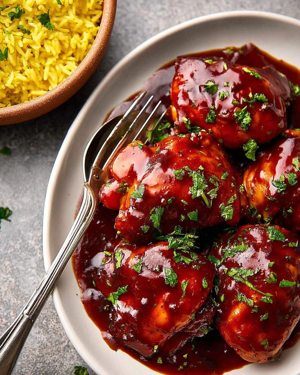 Crockpot BBQ Chicken Thighs garnished with herbs
