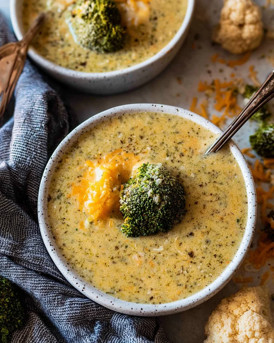 Bowl of delicious crockpot broccoli cheese soup topped with cheese and herbs.
