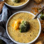 Bowl of creamy crockpot broccoli and cheese soup garnished with herbs
