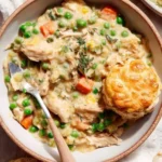 Delicious crustless chicken pot pie served in a bowl with fresh herbs on top.