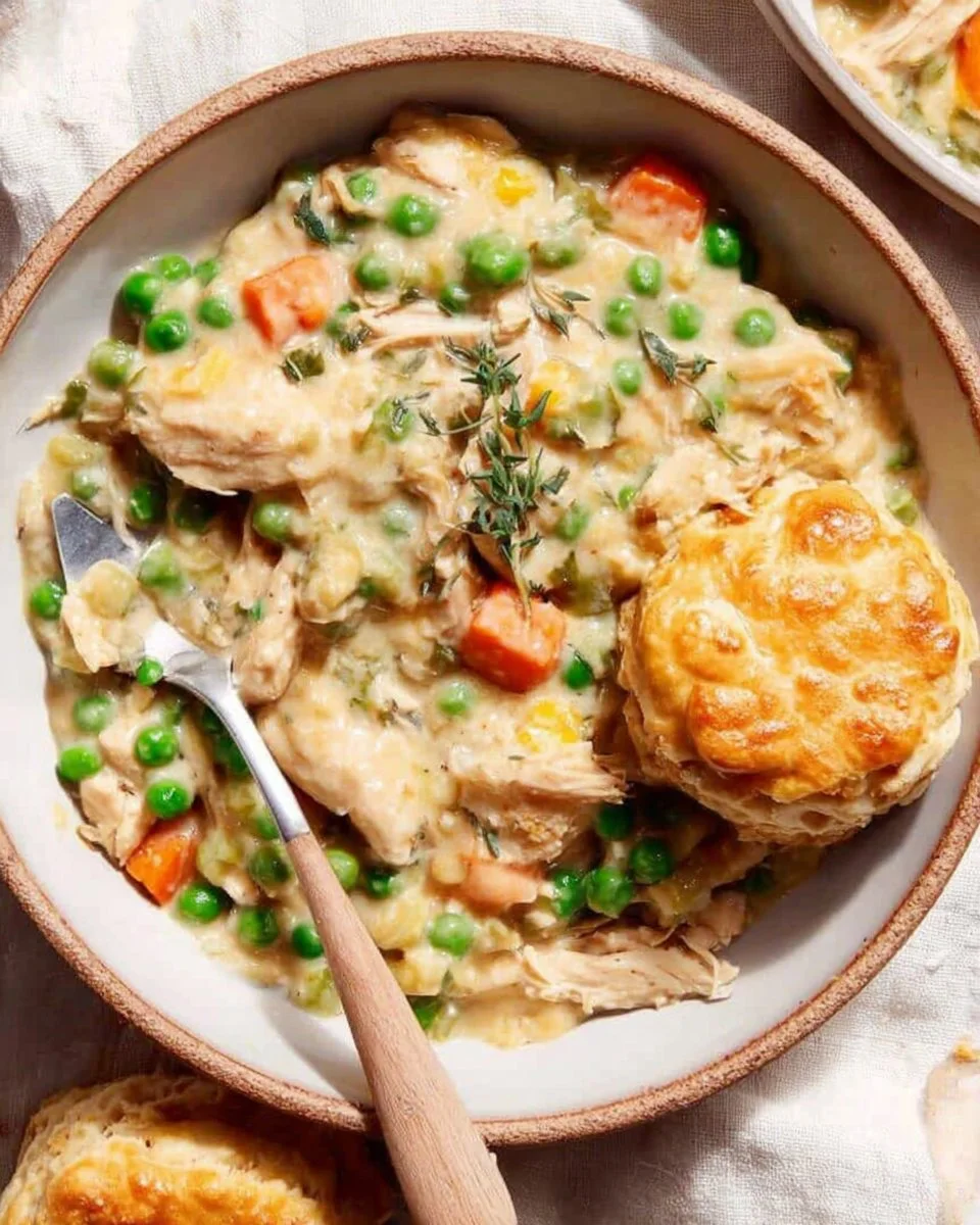 Delicious crustless chicken pot pie served in a bowl with fresh herbs on top.