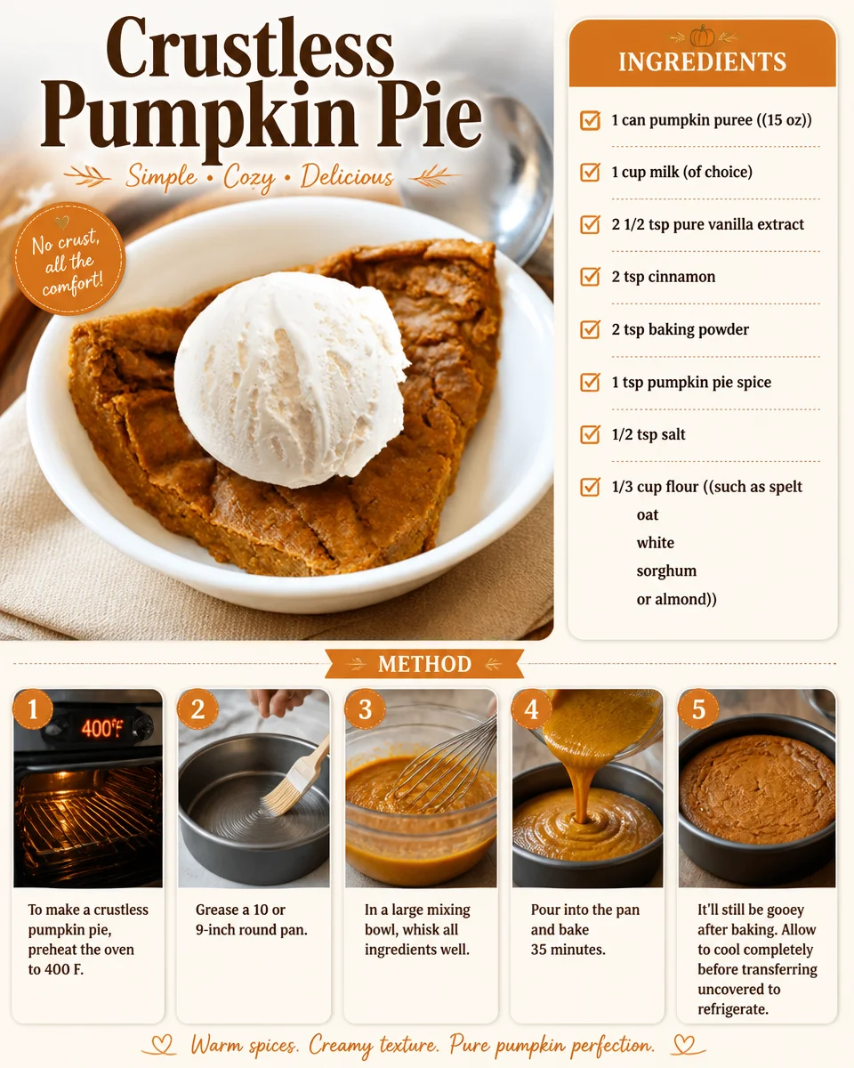 Crustless pumpkin pie served on a plate, showcasing its smooth and creamy texture.