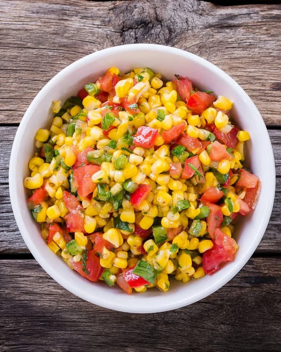 Bowl of colorful corn salsa inspired by Chipotle's recipe, ready to serve.
