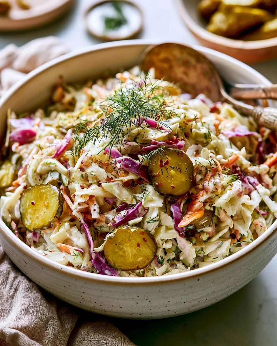 Bowl of dill pickle coleslaw with crunchy cabbage and pickle slices