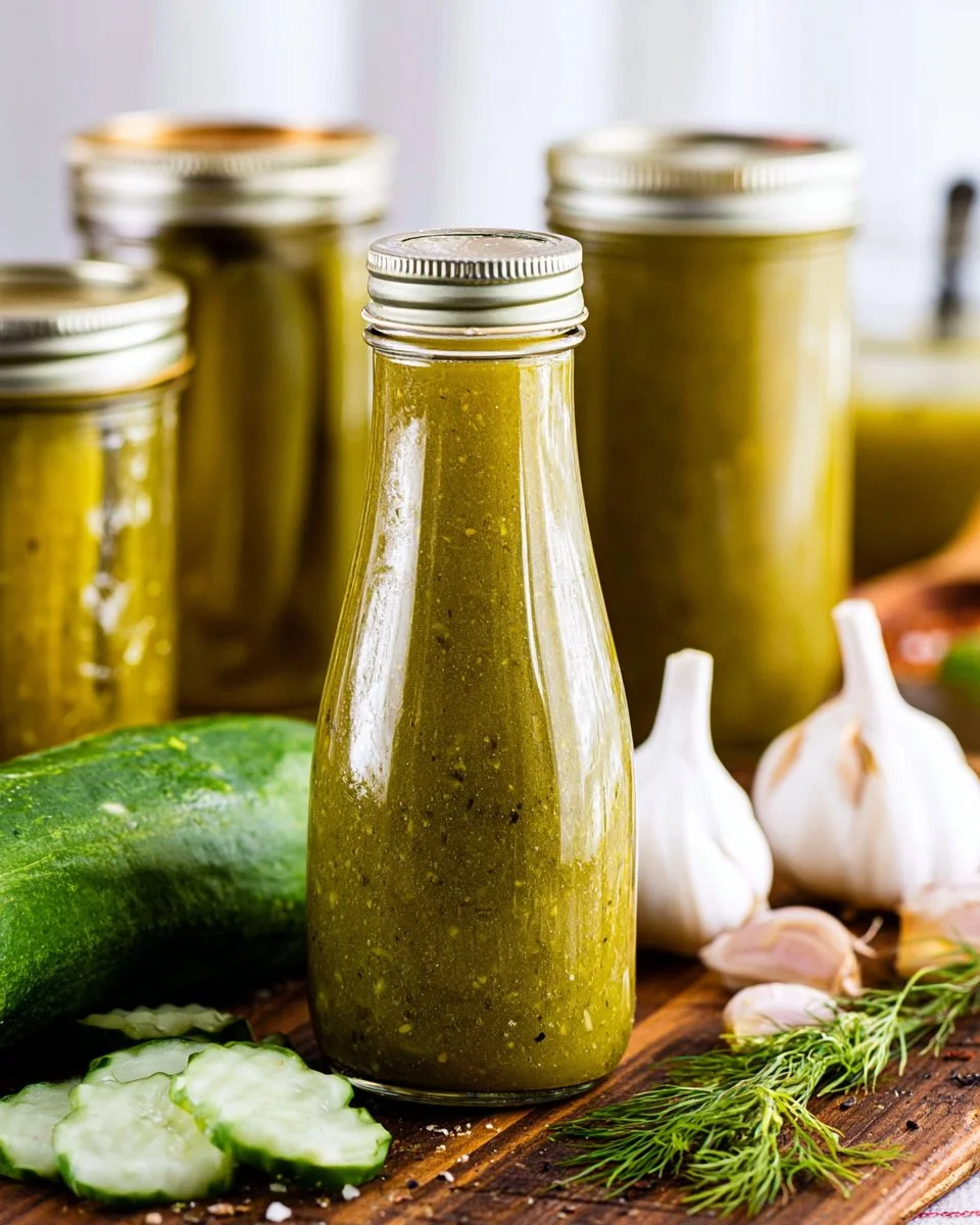 Bottle of dill pickle hot sauce with fresh dill and pickles