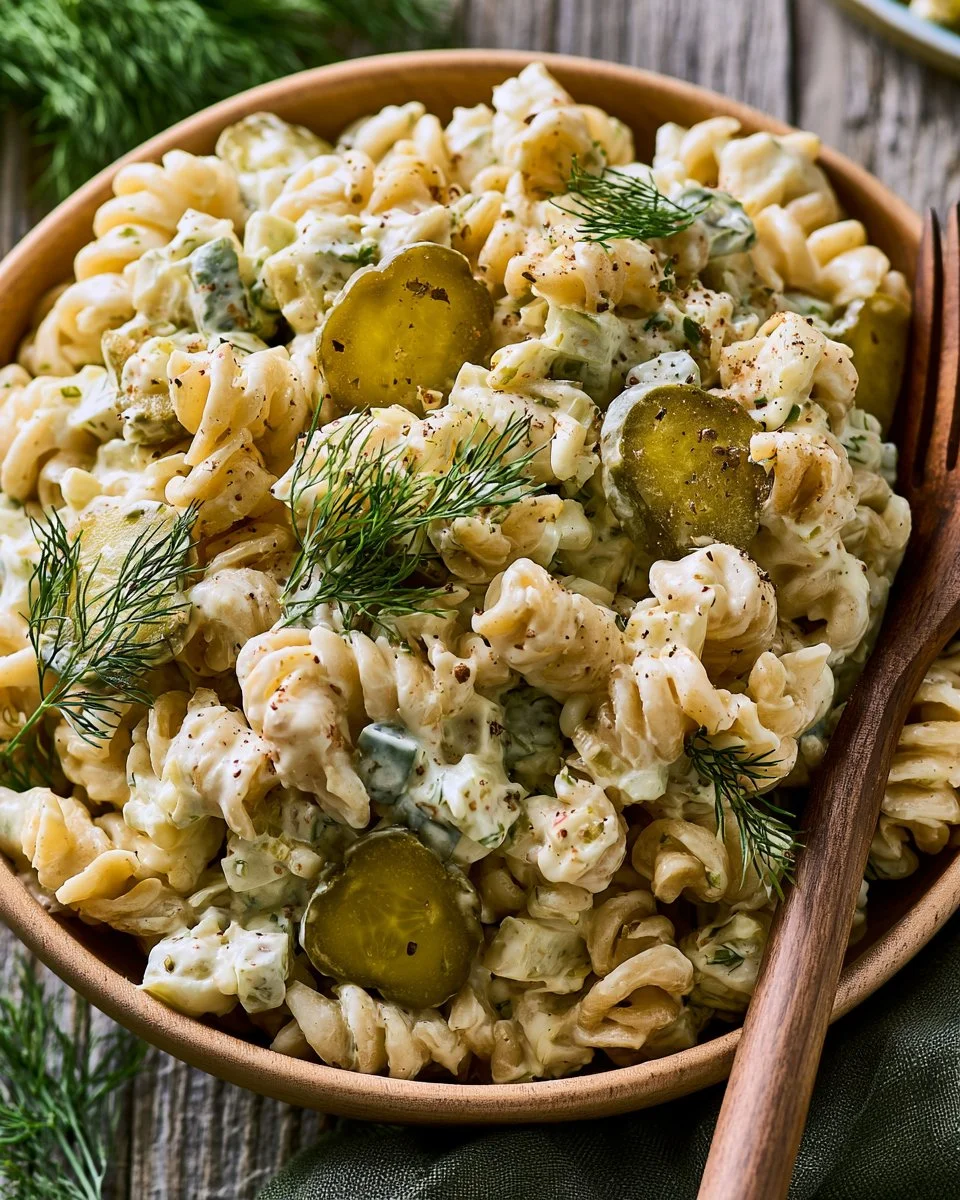 A delicious bowl of Dill Pickle Pasta Salad with fresh ingredients and pickles.