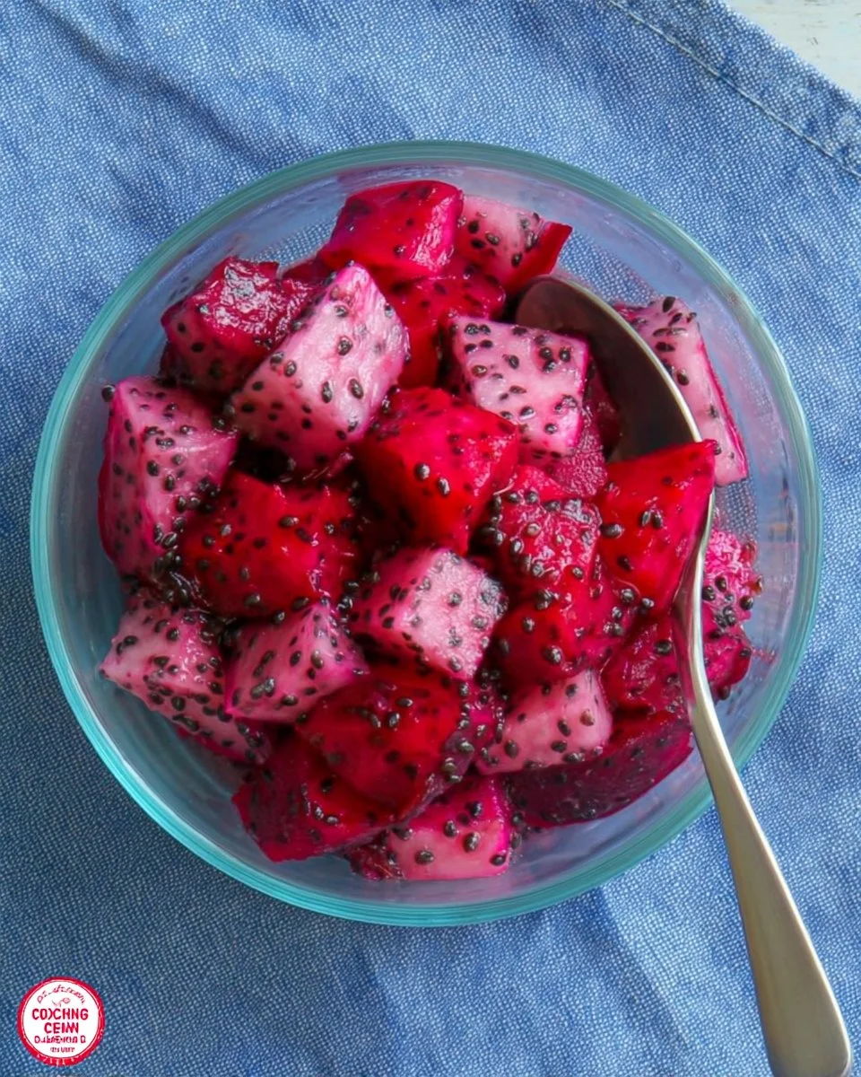 Colorful bowl of Dragon Fruit Salsa with ingredients on a wooden table