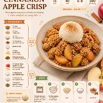 Delicious cinnamon apple crisp served in a bowl, topped with ice cream and cinnamon.