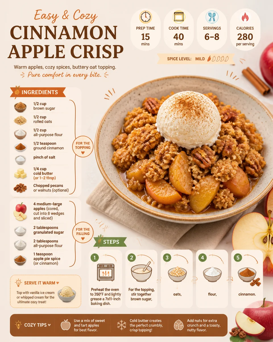 Delicious cinnamon apple crisp served in a bowl, topped with ice cream and cinnamon.
