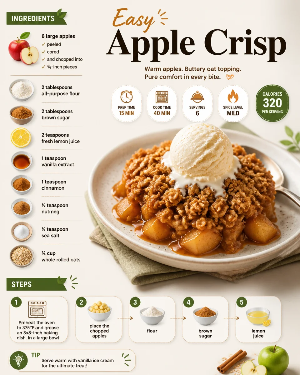 Delicious homemade easy apple crisp topped with oats and cinnamon