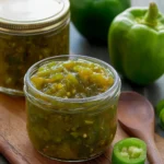 Homemade green tomato relish in a jar with fresh ingredients
